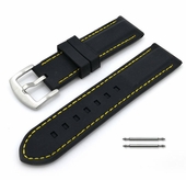 Black Silicone 22mm Watch Band Strap Steel Buckle Yellow Stitching #4005