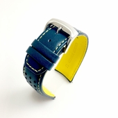 Blue Yellow Stitching 22mm Sporty Curved End Leather Replacement Watch Band Strap  #1547